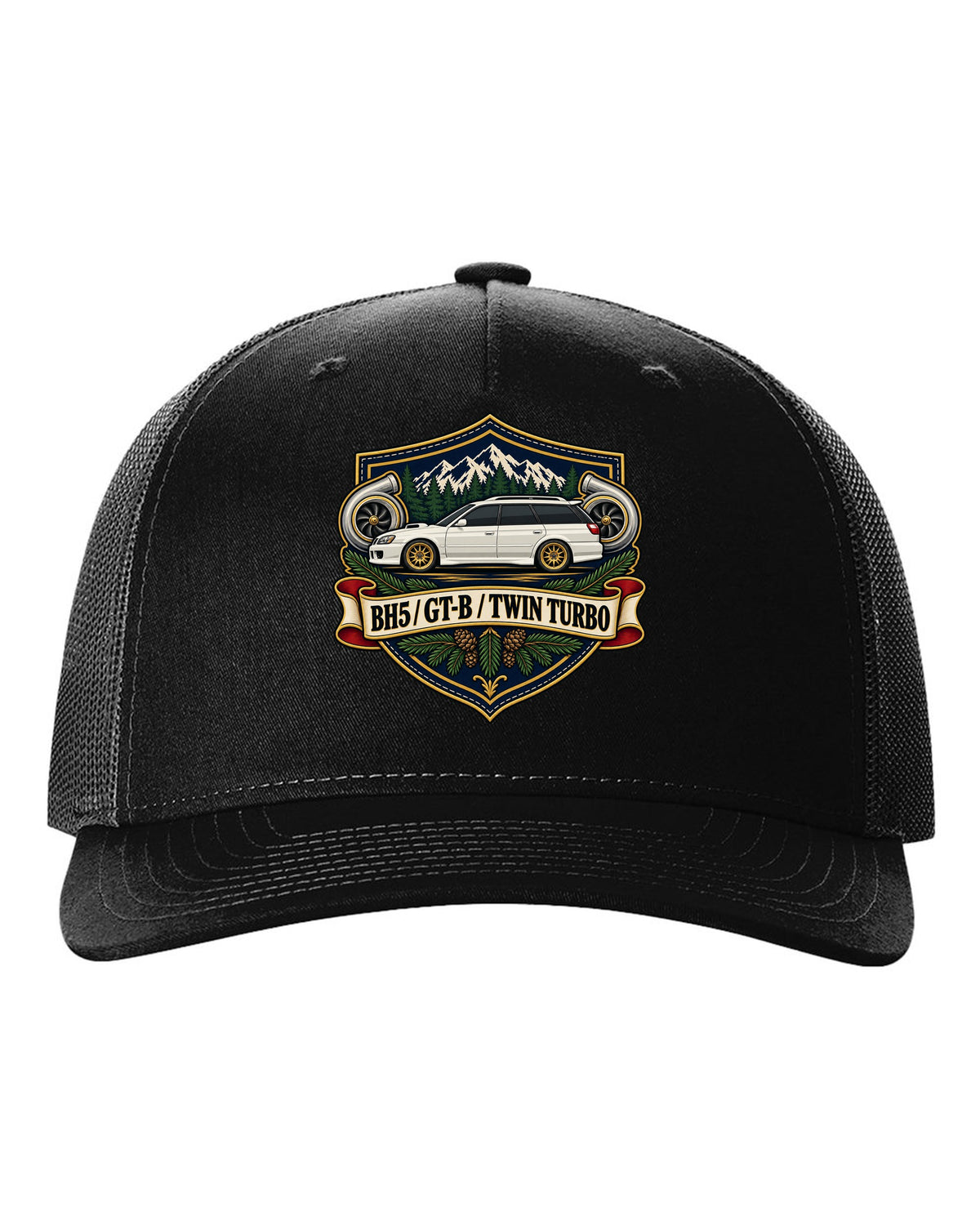Subaru Legacy BH5 GT-B wagon shield crest print, BH5 / GT-B / TWIN TURBO black hat front view with the design