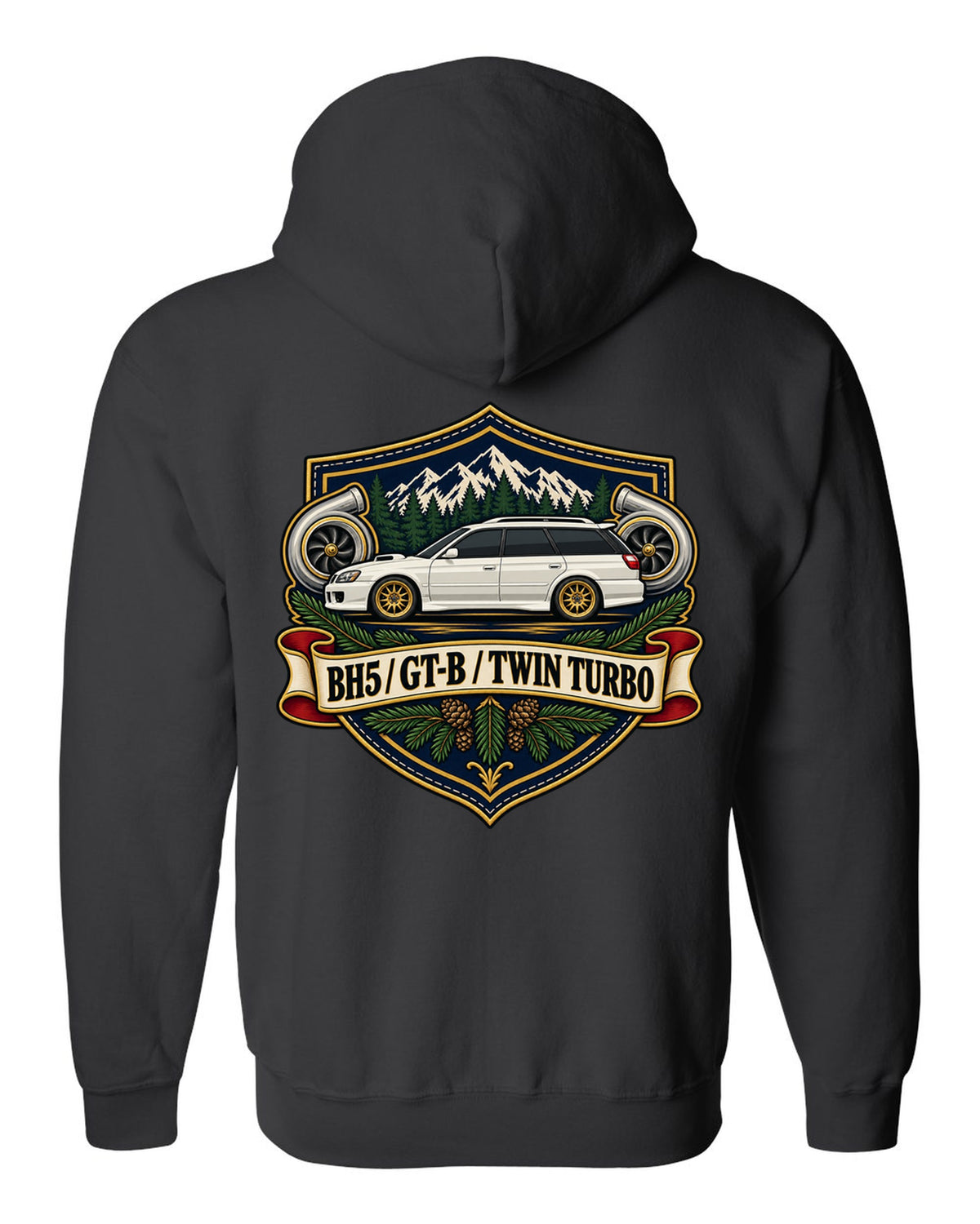 Subaru Legacy BH5 GT-B wagon shield crest print, BH5 / GT-B / TWIN TURBO black zip hoodie back view with the design