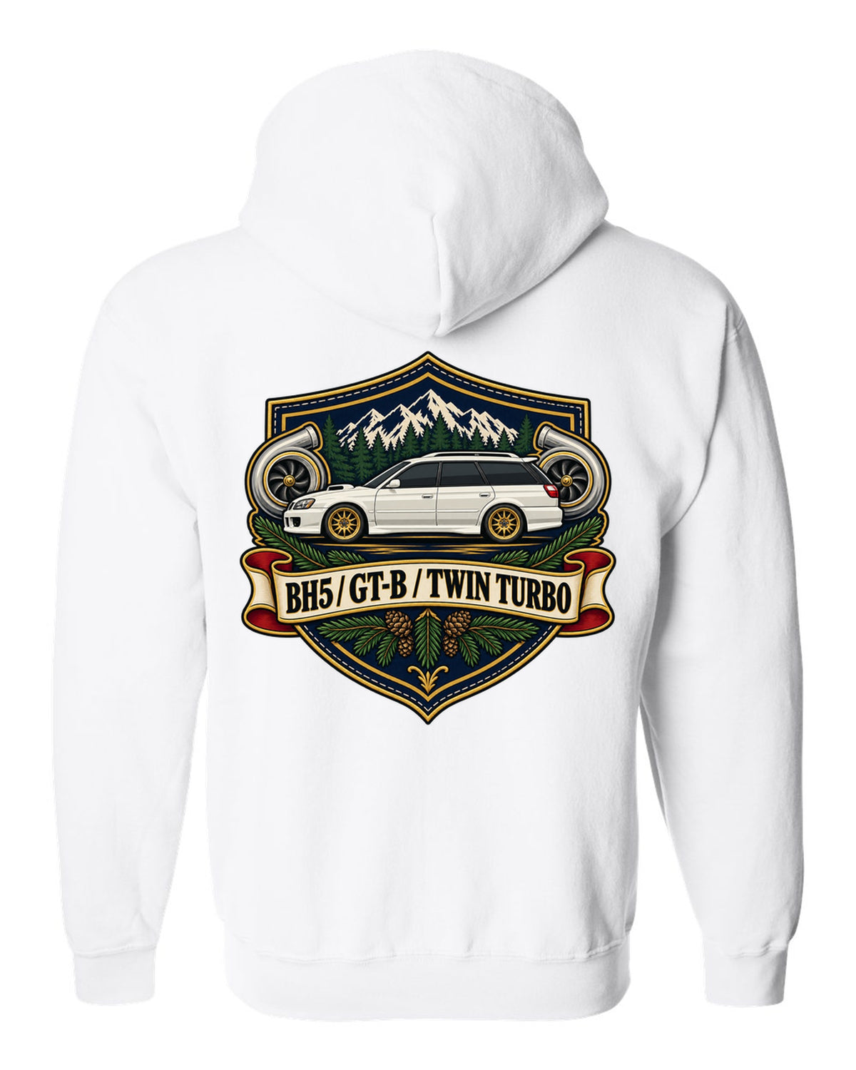 Subaru Legacy BH5 GT-B wagon shield crest print, BH5 / GT-B / TWIN TURBO white zip hoodie back view with the design