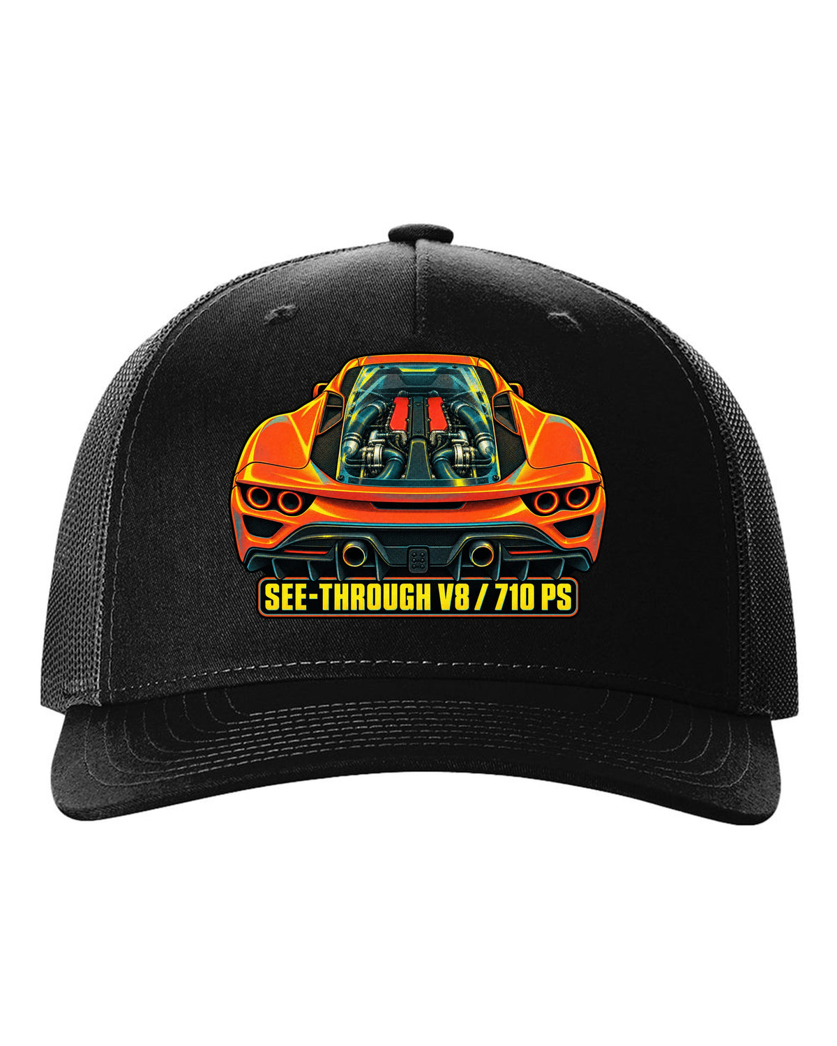 Risograph style print of the Ferrari F8 Tributo transparent engine cover and V8 black hat front view with the design