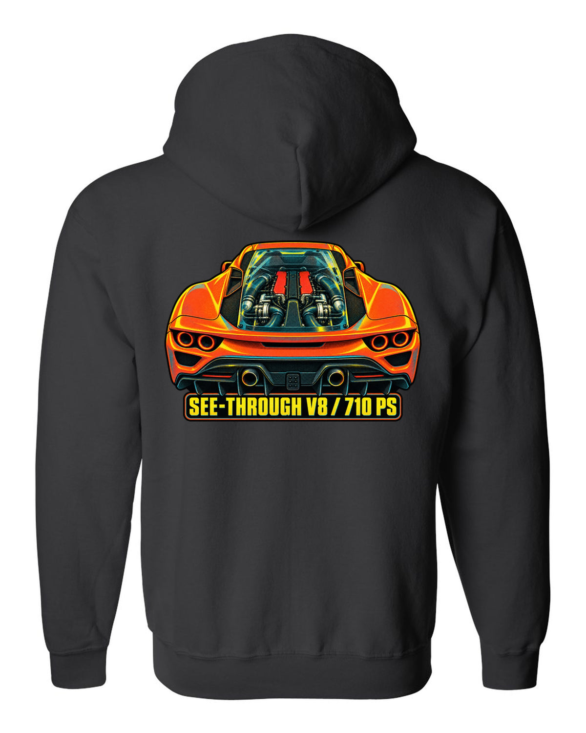 Risograph style print of the Ferrari F8 Tributo transparent engine cover and V8 black zip hoodie back view with the design
