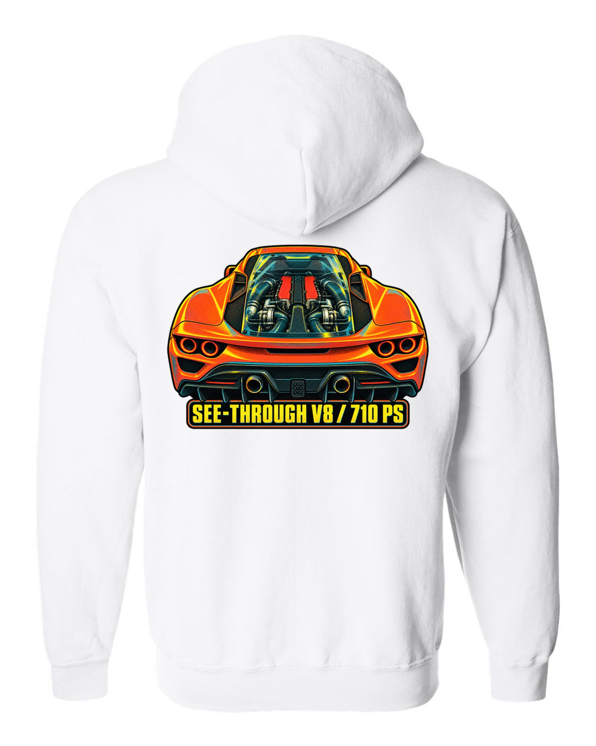 Risograph style print of the Ferrari F8 Tributo transparent engine cover and V8 white zip hoodie back view with the design