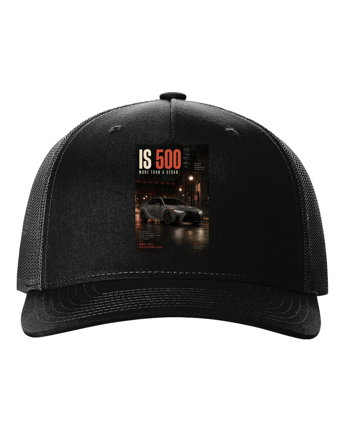 Halftone print of the Lexus IS 500 with 5.0 V8 text black hat front view with the design
