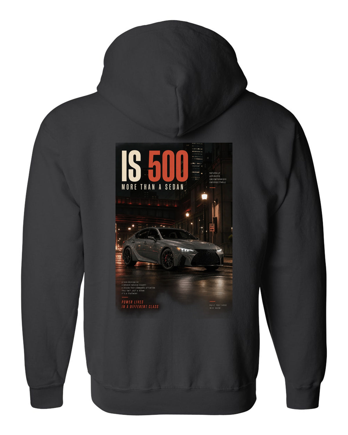 Halftone print of the Lexus IS 500 with 5.0 V8 text black zip hoodie back view with the design