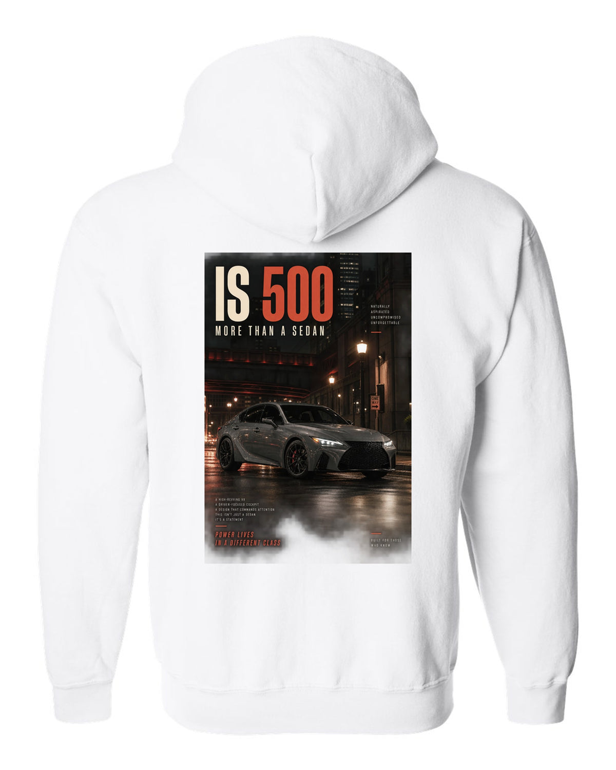 Halftone print of the Lexus IS 500 with 5.0 V8 text white zip hoodie back view with the design