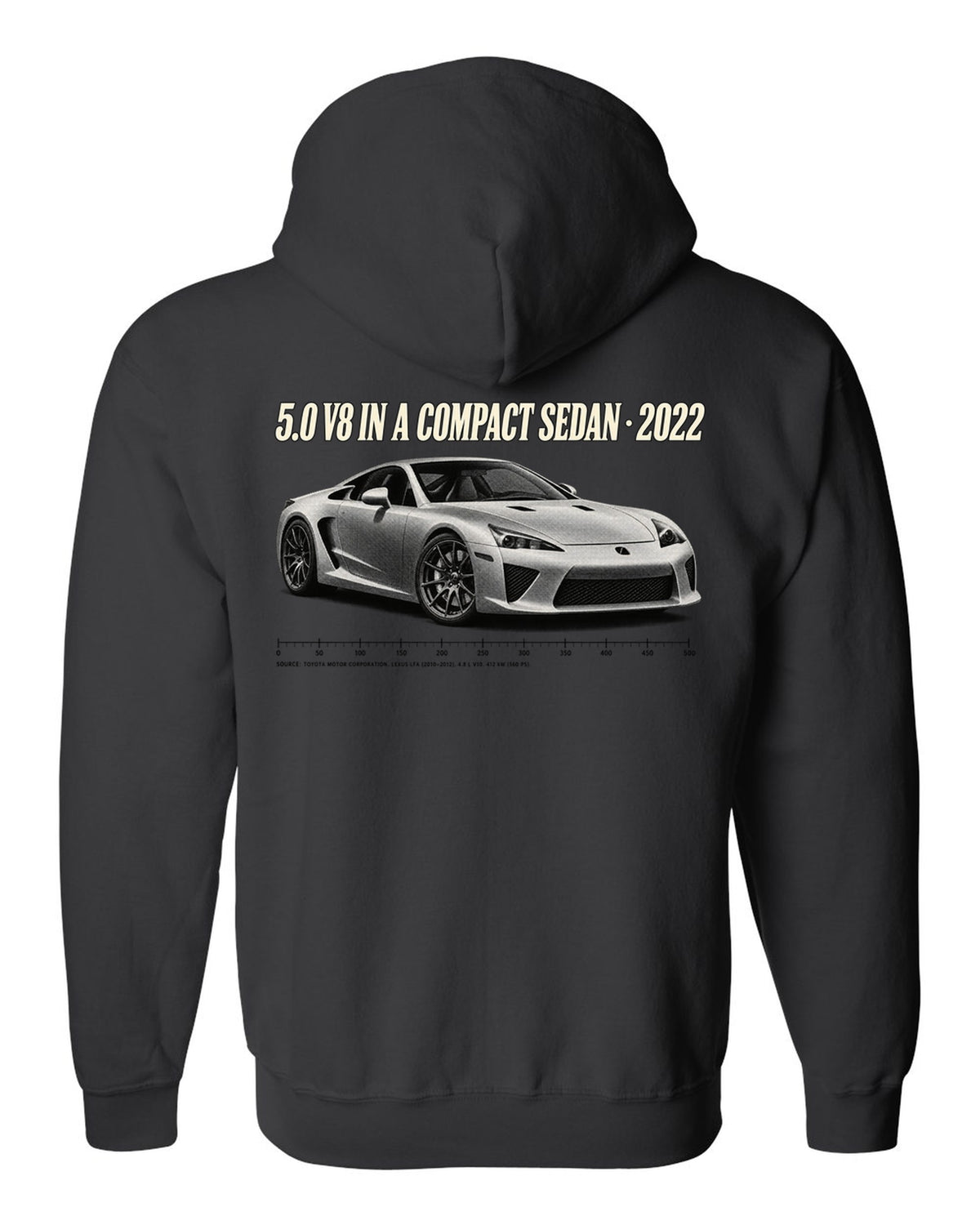 Cockpit and gauge cluster print of the Lexus LC 500 black zip hoodie back view with the design