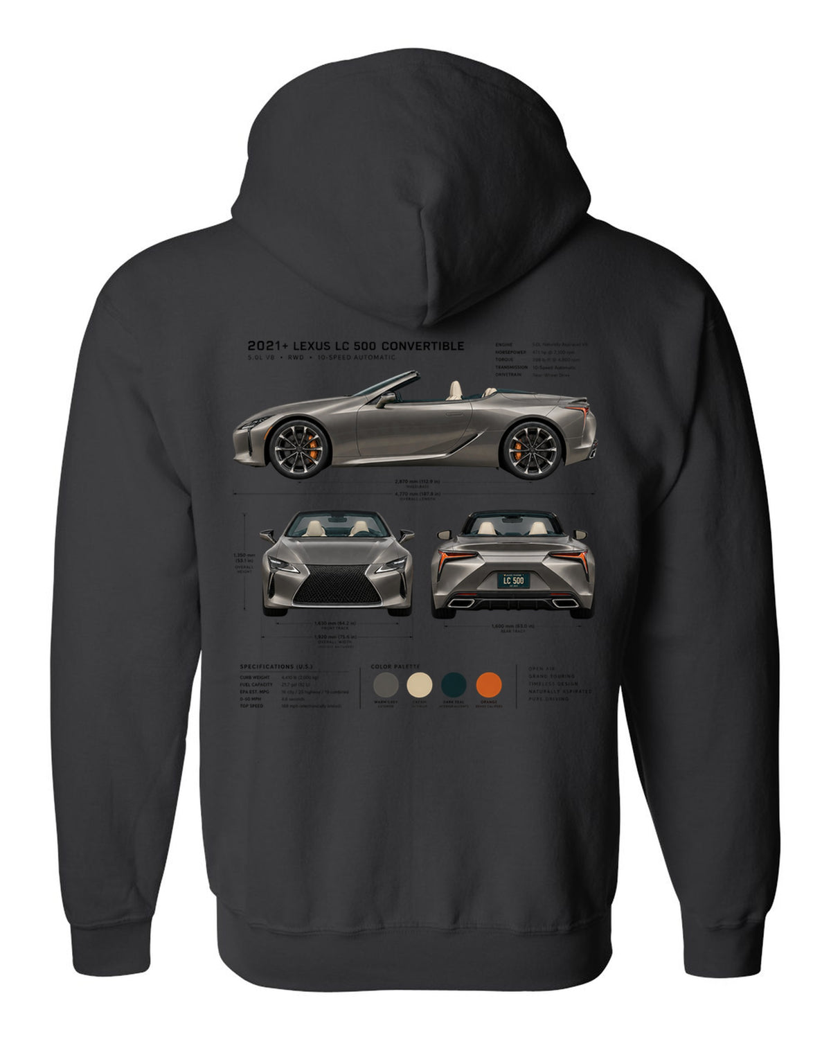 Three-view drawing of the Lexus LC 500 Convertible with spec table black zip hoodie back view with the design