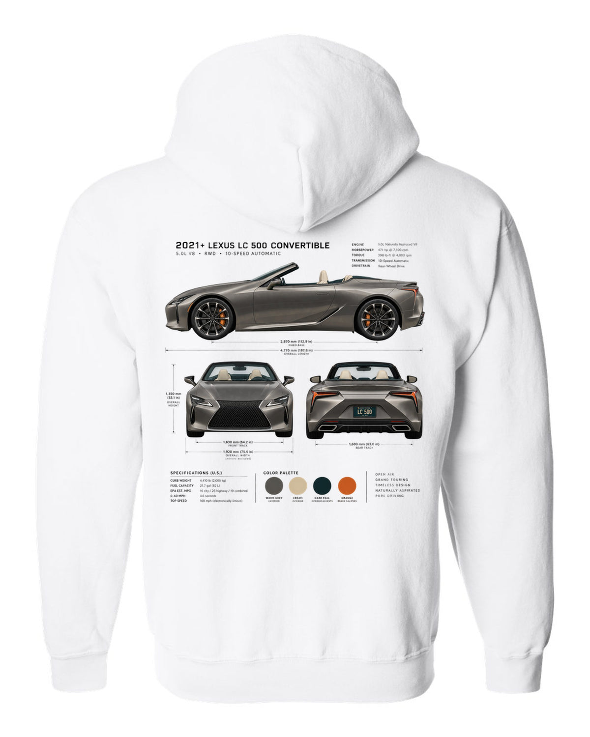 Three-view drawing of the Lexus LC 500 Convertible with spec table white zip hoodie back view with the design