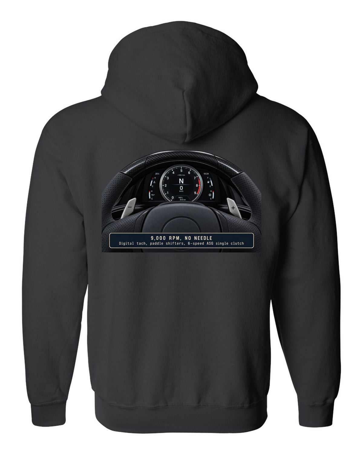 Engine hero print of the Lexus LFA 1LR-GUE 4.8 L V10 black zip hoodie back view with the design