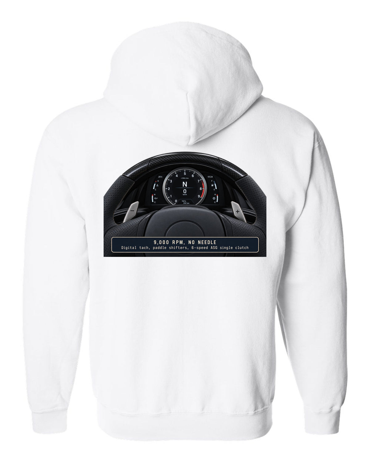 Engine hero print of the Lexus LFA 1LR-GUE 4.8 L V10 white zip hoodie back view with the design