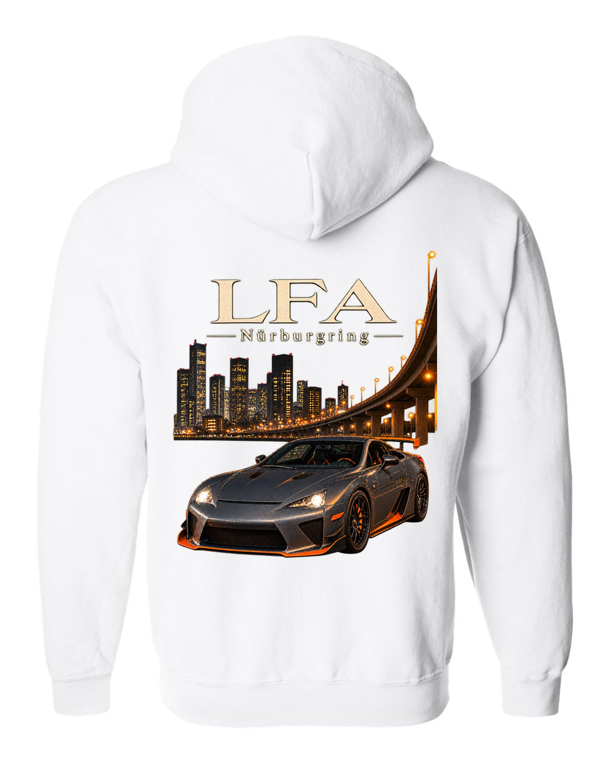 Digital cockpit and gauge view of the Lexus LFA white zip hoodie back view with the design