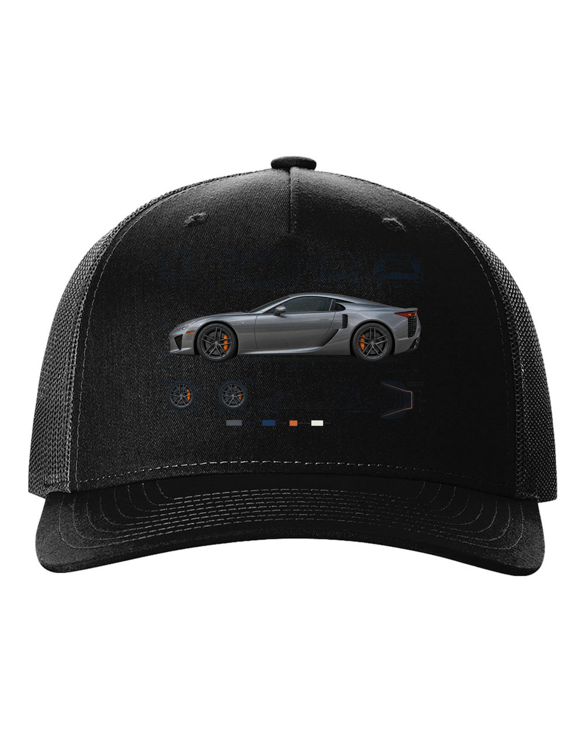 Blueprint style print of the Lexus LFA LFA10 with V10 spec lines black hat front view with the design