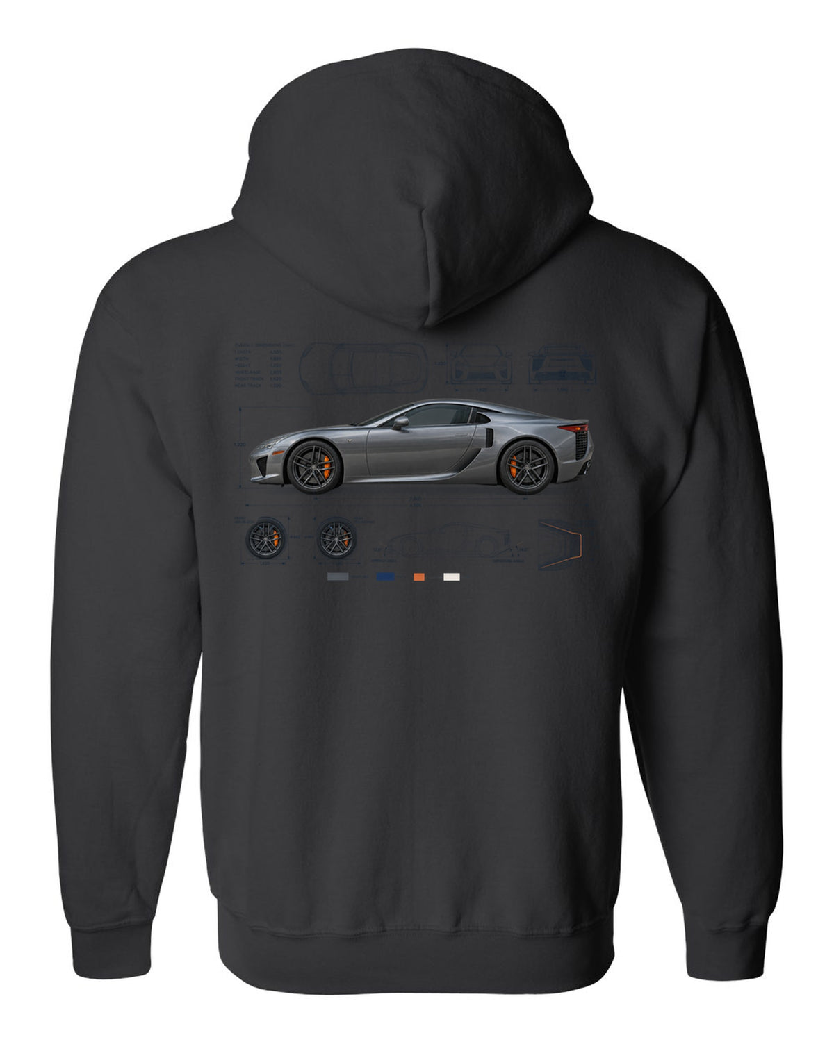 Blueprint style print of the Lexus LFA LFA10 with V10 spec lines black zip hoodie back view with the design