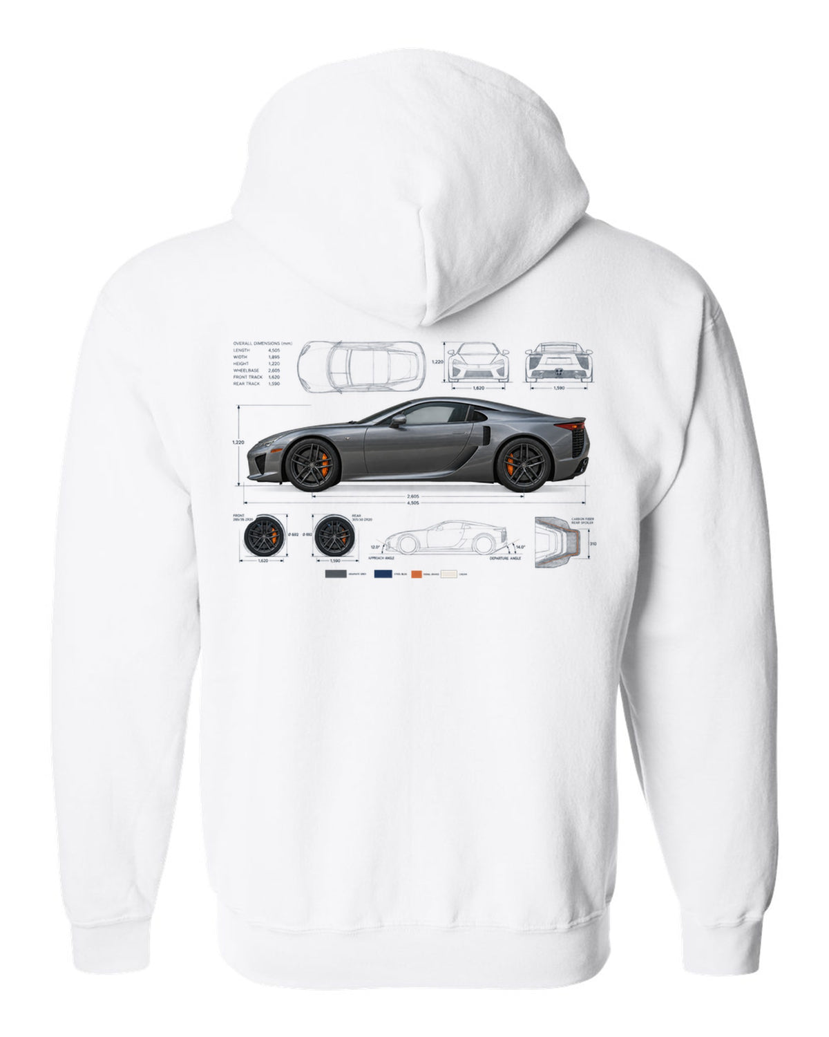 Blueprint style print of the Lexus LFA LFA10 with V10 spec lines white zip hoodie back view with the design