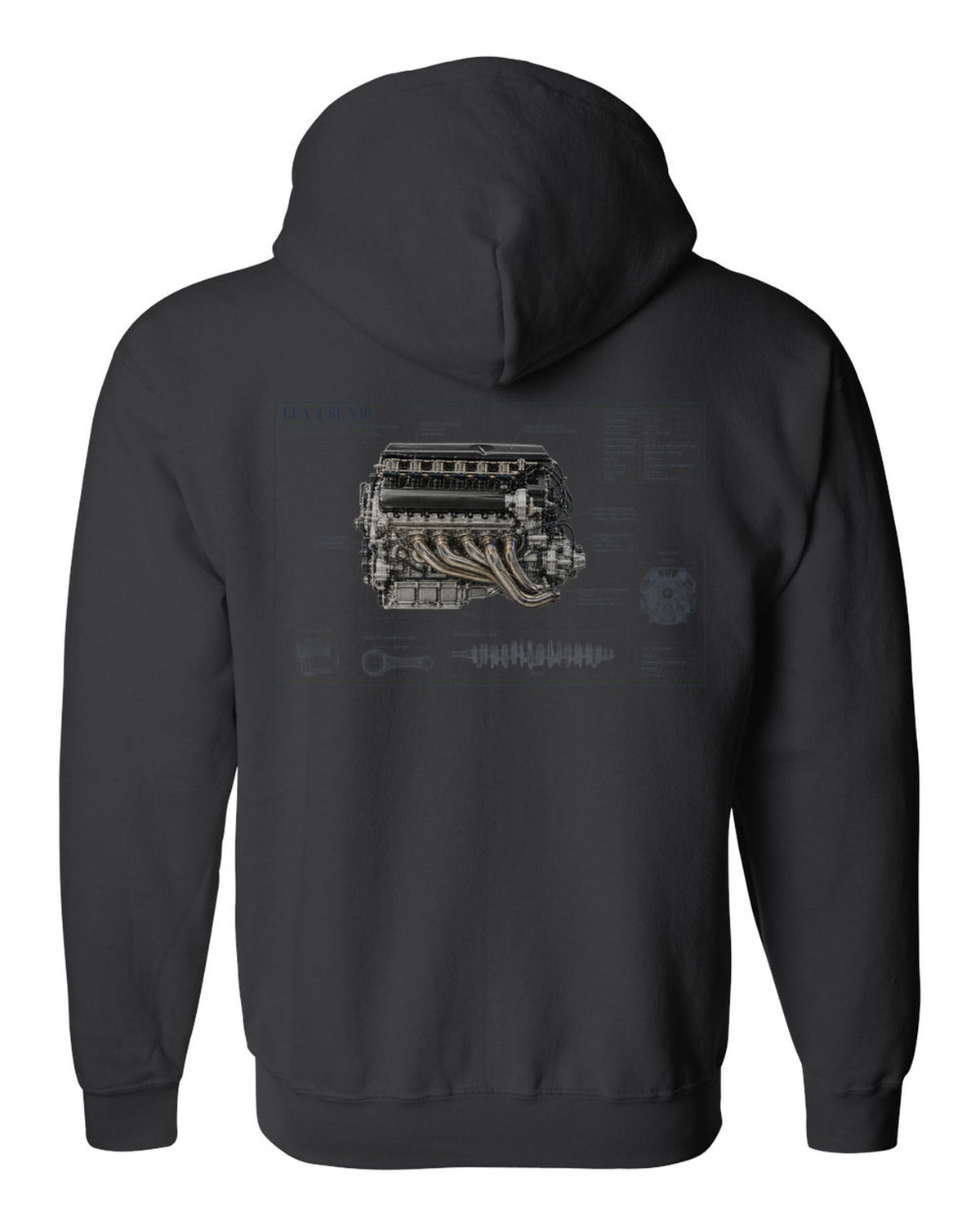 Aero cutaway callouts on the Lexus LFA Nurburgring Package black zip hoodie back view with the design