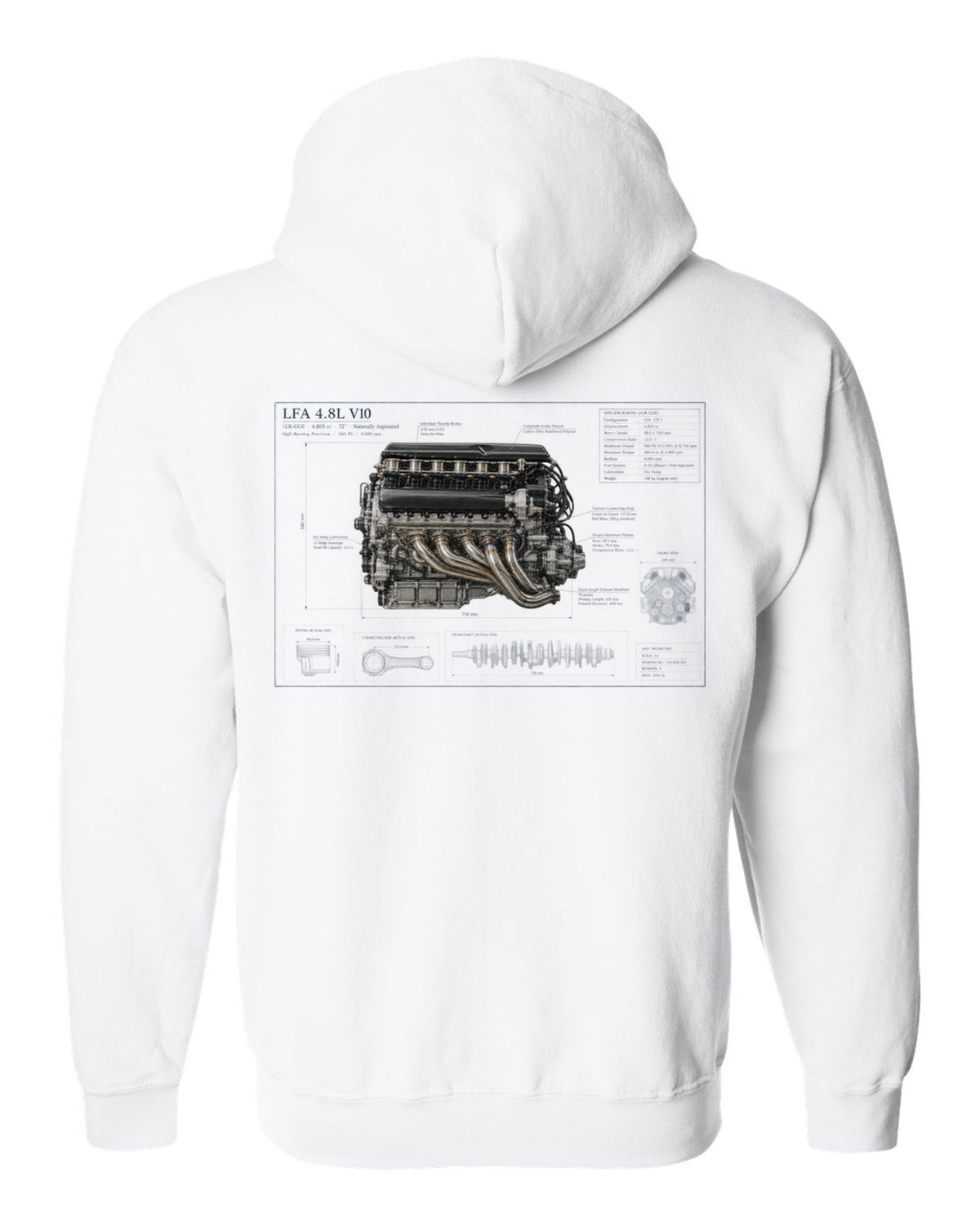 Aero cutaway callouts on the Lexus LFA Nurburgring Package white zip hoodie back view with the design