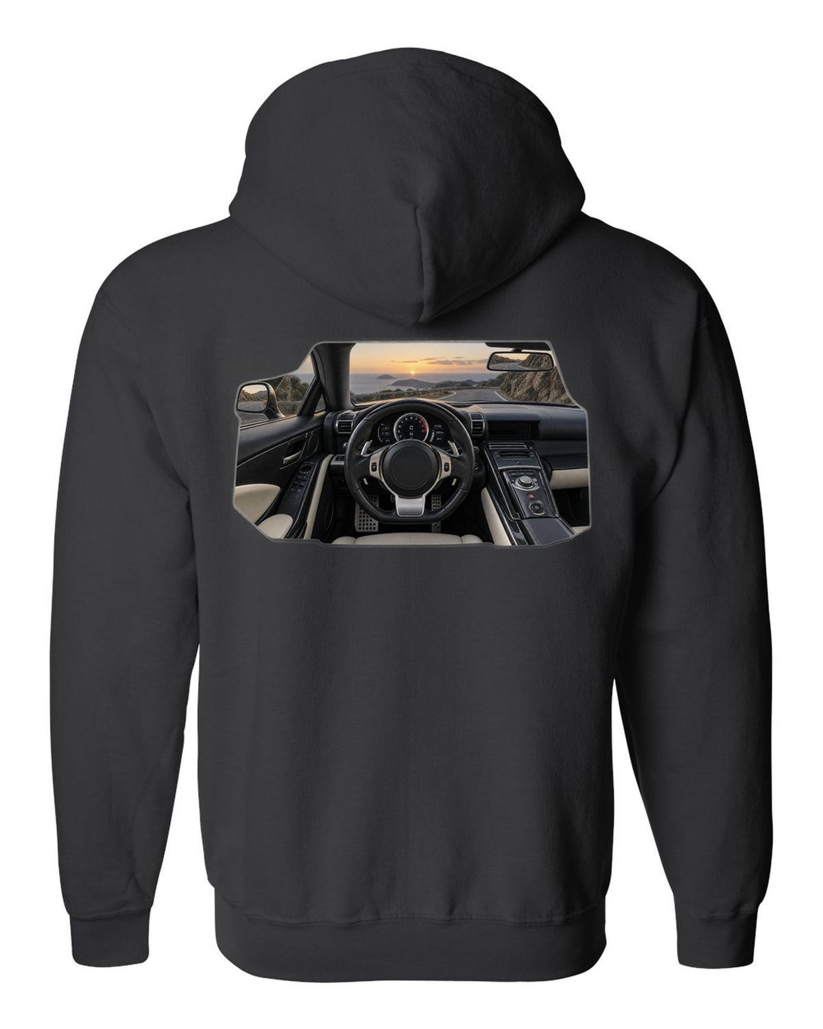 Three-view drawing and spec table of the Lexus LFA Nurburgring Package black zip hoodie back view with the design