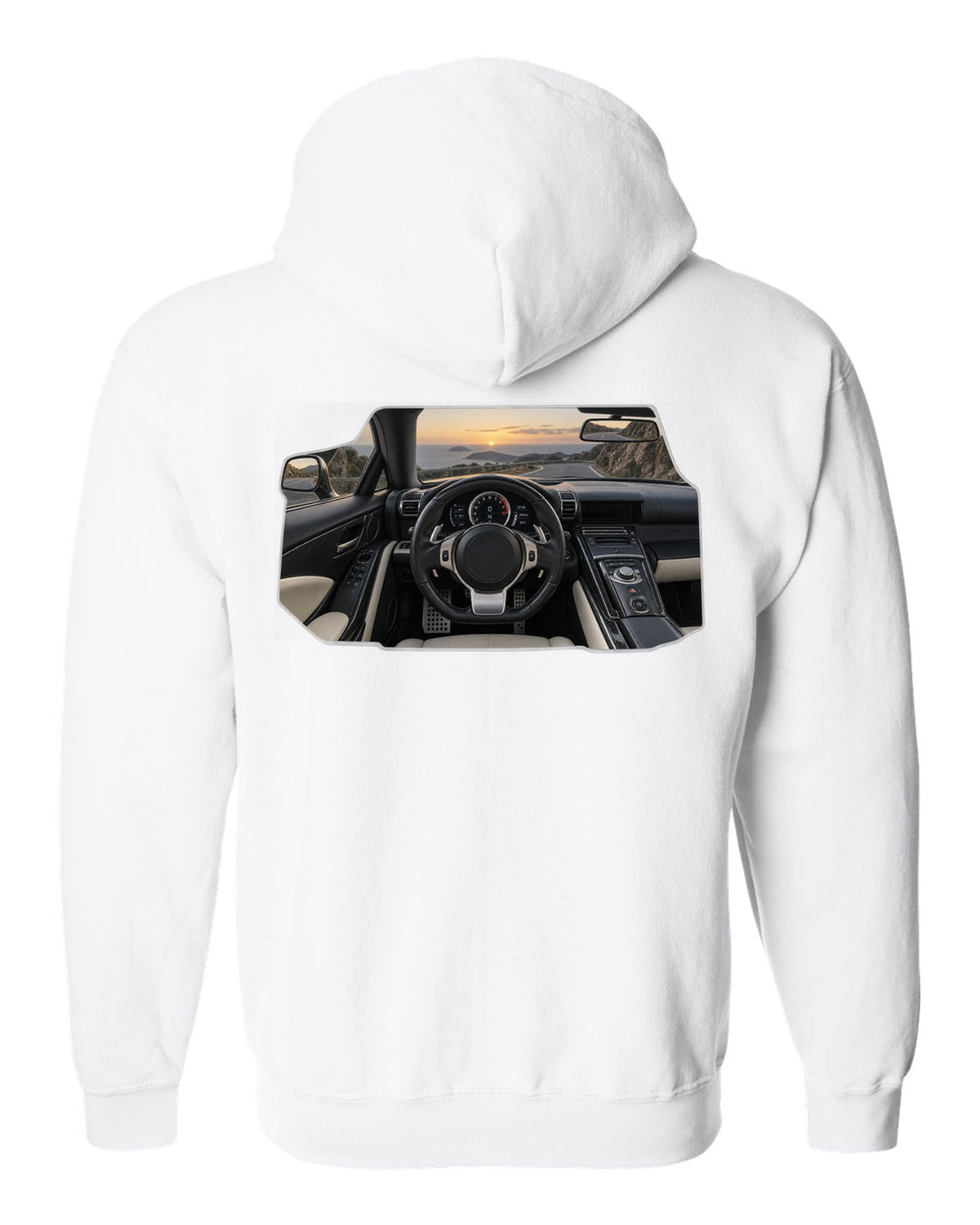 Three-view drawing and spec table of the Lexus LFA Nurburgring Package white zip hoodie back view with the design
