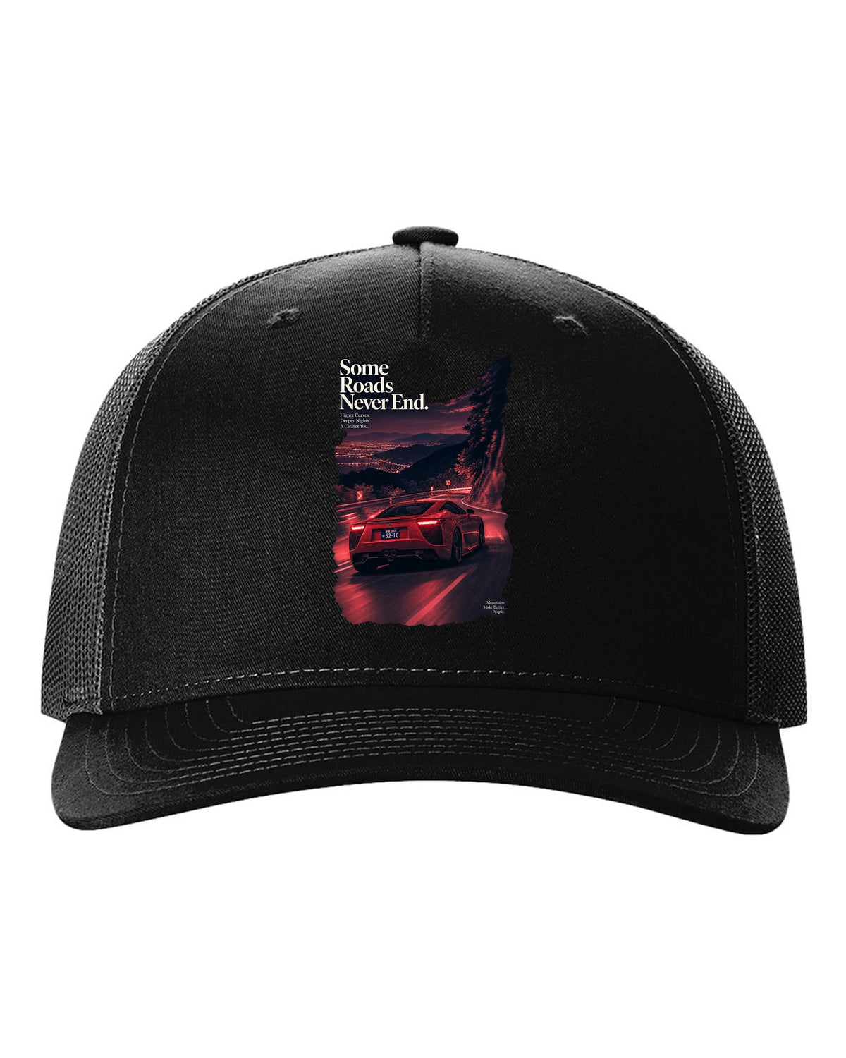 Night touge scene with the Lexus LFA in magenta-red monochrome black hat front view with the design