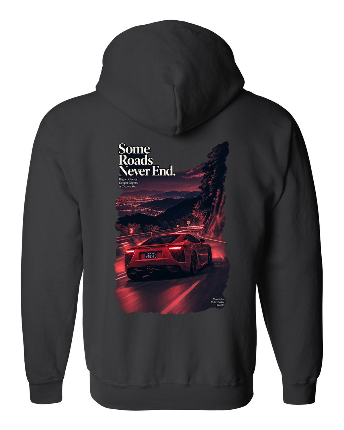Night touge scene with the Lexus LFA in magenta-red monochrome black zip hoodie back view with the design
