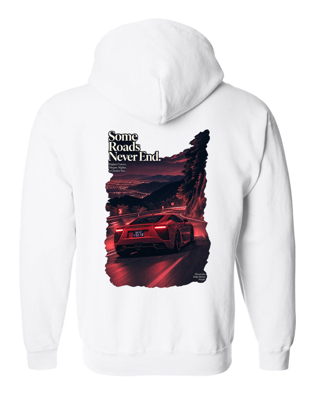 Night touge scene with the Lexus LFA in magenta-red monochrome white zip hoodie back view with the design