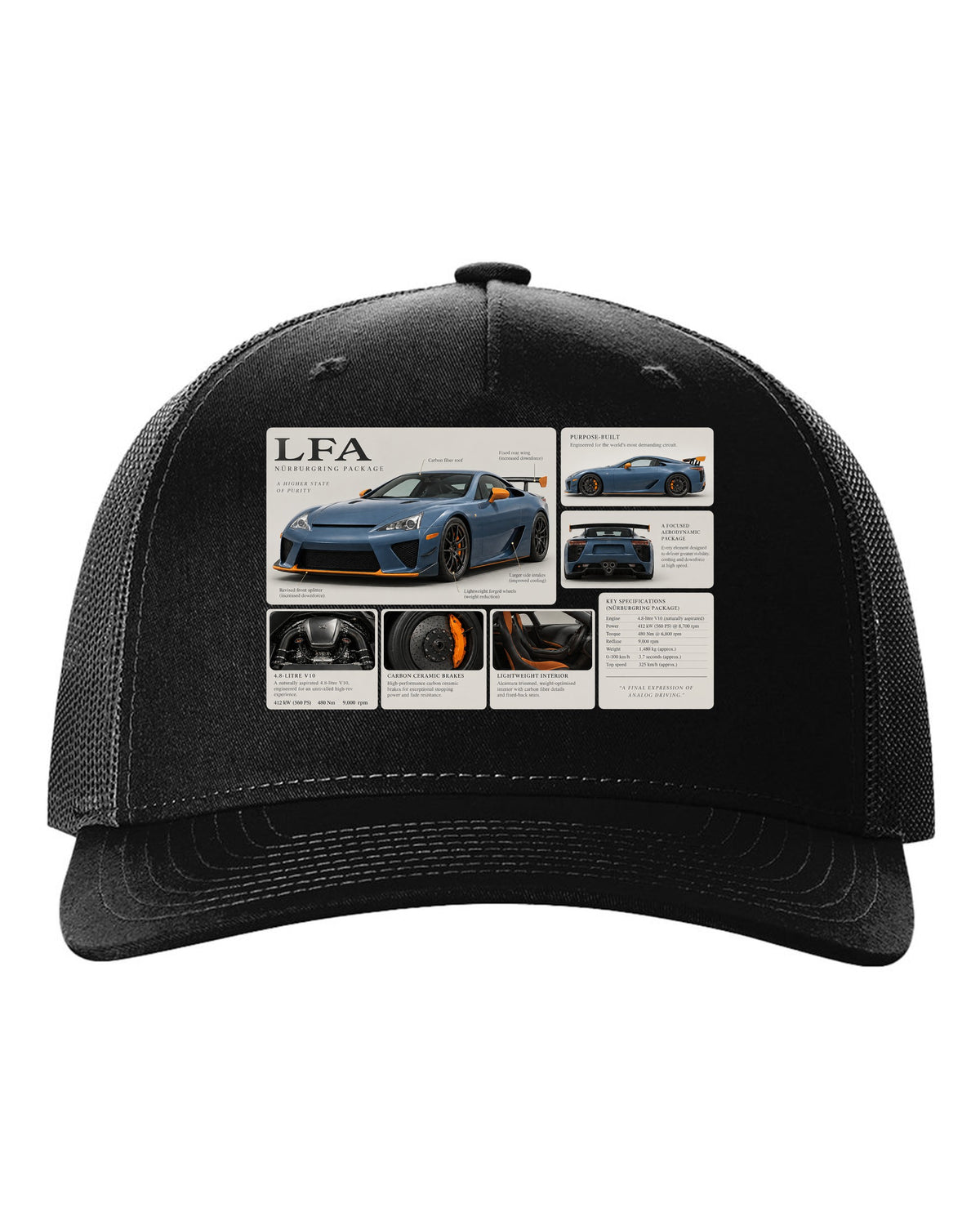 Dossier panel layout for the Lexus LFA Nurburgring Package with V10 notes black hat front view with the design