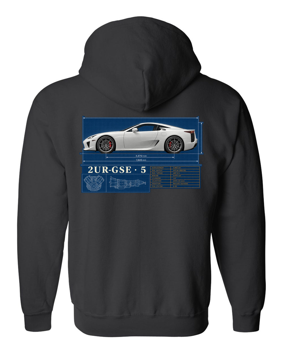 Spec poster of the Lexus LFA10 with power, weight and top speed figures black zip hoodie back view with the design