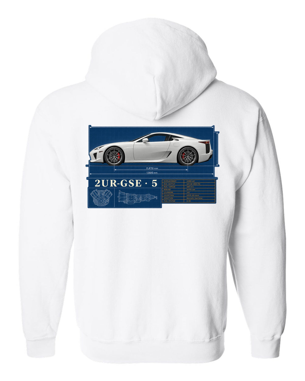 Spec poster of the Lexus LFA10 with power, weight and top speed figures white zip hoodie back view with the design