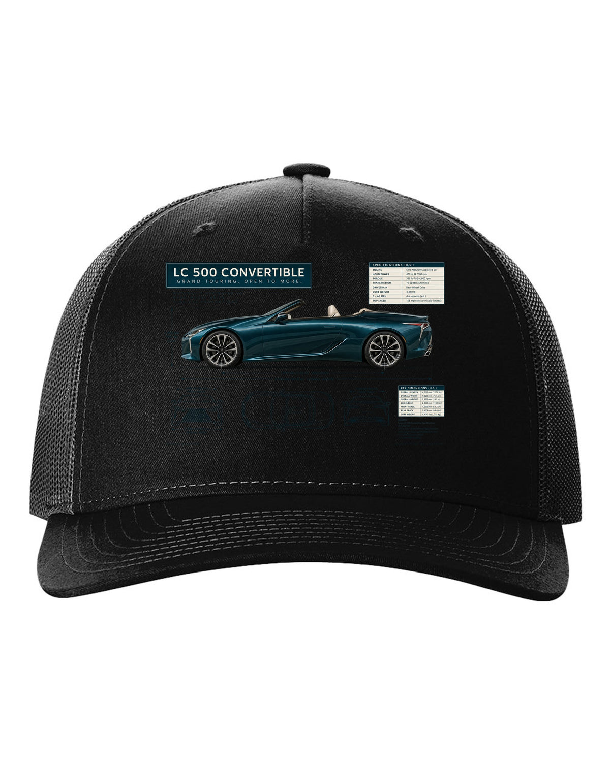 Dimension blueprint of the Lexus RC F with engine code and power figure black hat front view with the design