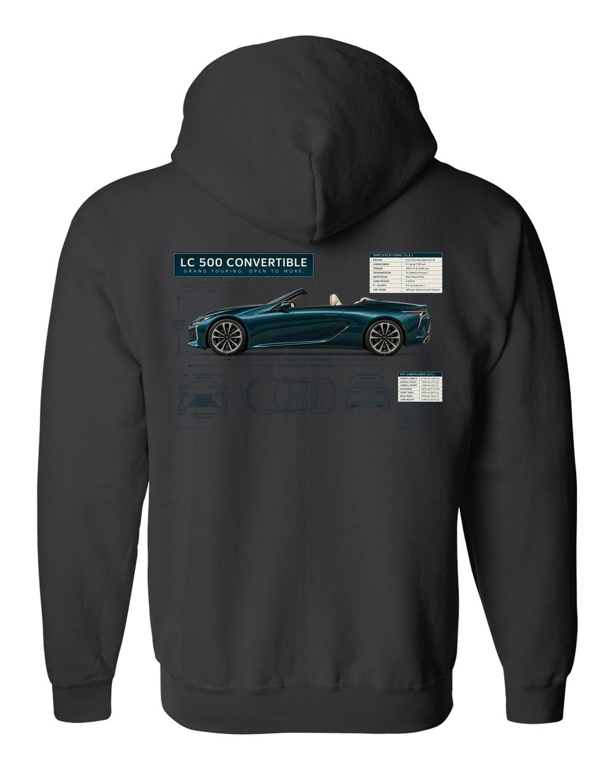 Dimension blueprint of the Lexus RC F with engine code and power figure black zip hoodie back view with the design