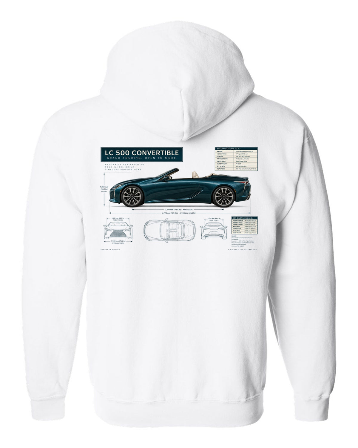 Dimension blueprint of the Lexus RC F with engine code and power figure white zip hoodie back view with the design