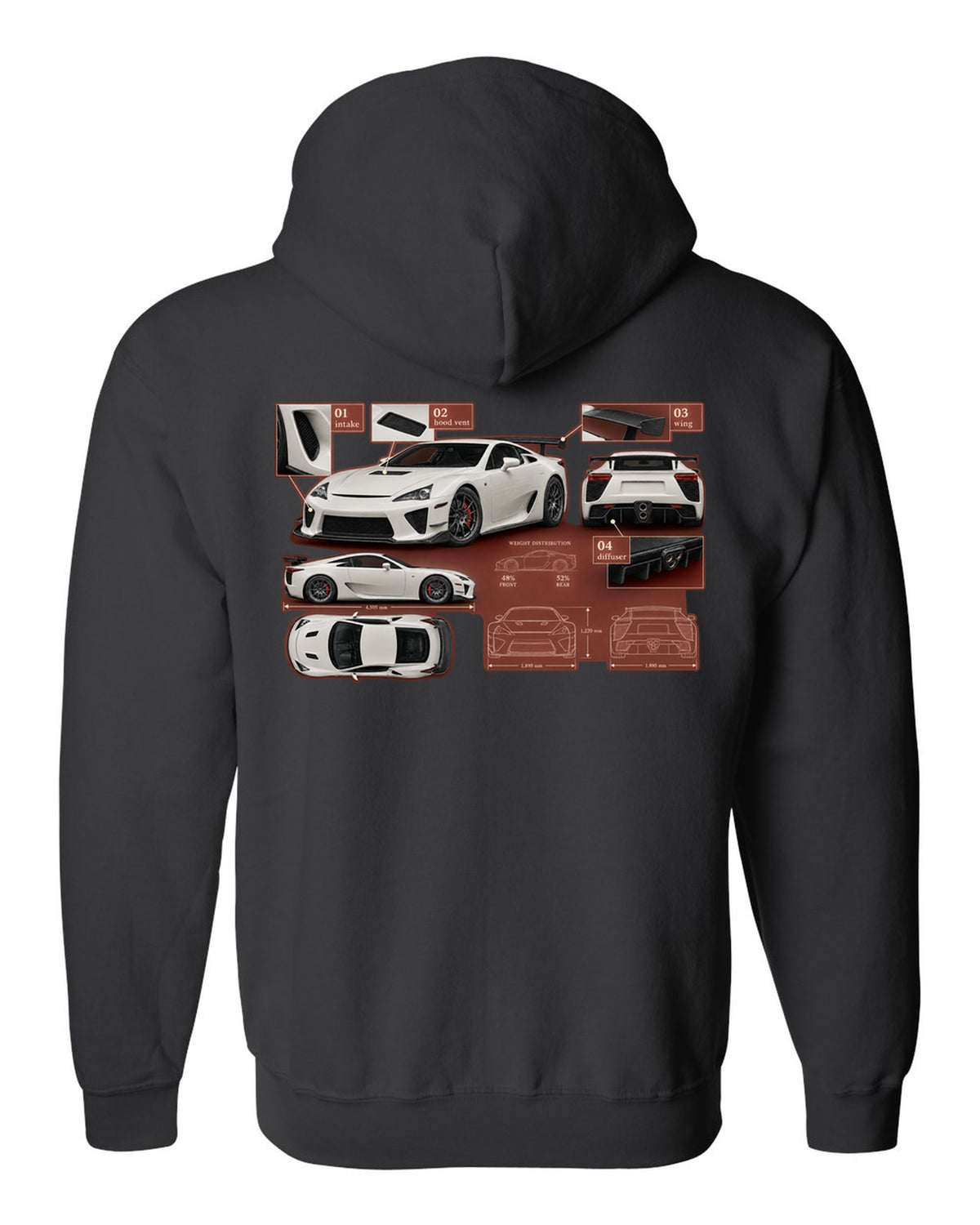 Aero callout diagram of the 2020 Lexus RC F Track Edition black zip hoodie back view with the design