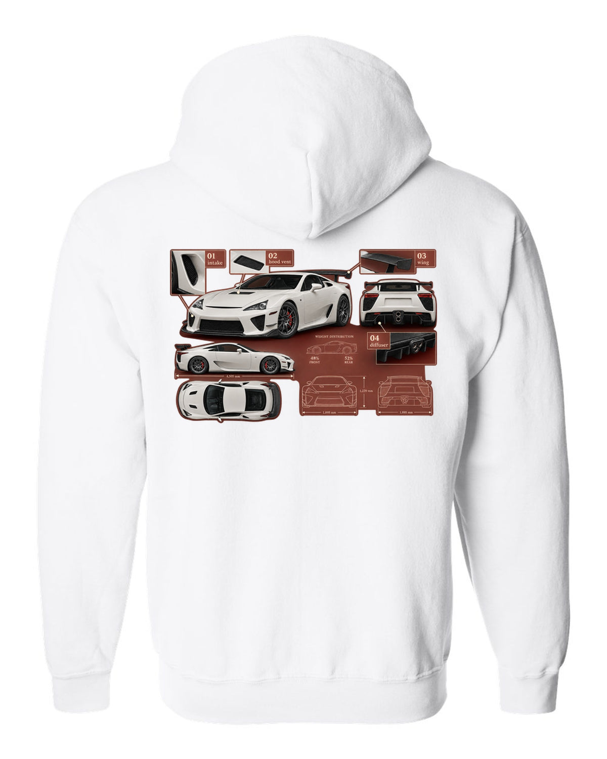 Aero callout diagram of the 2020 Lexus RC F Track Edition white zip hoodie back view with the design
