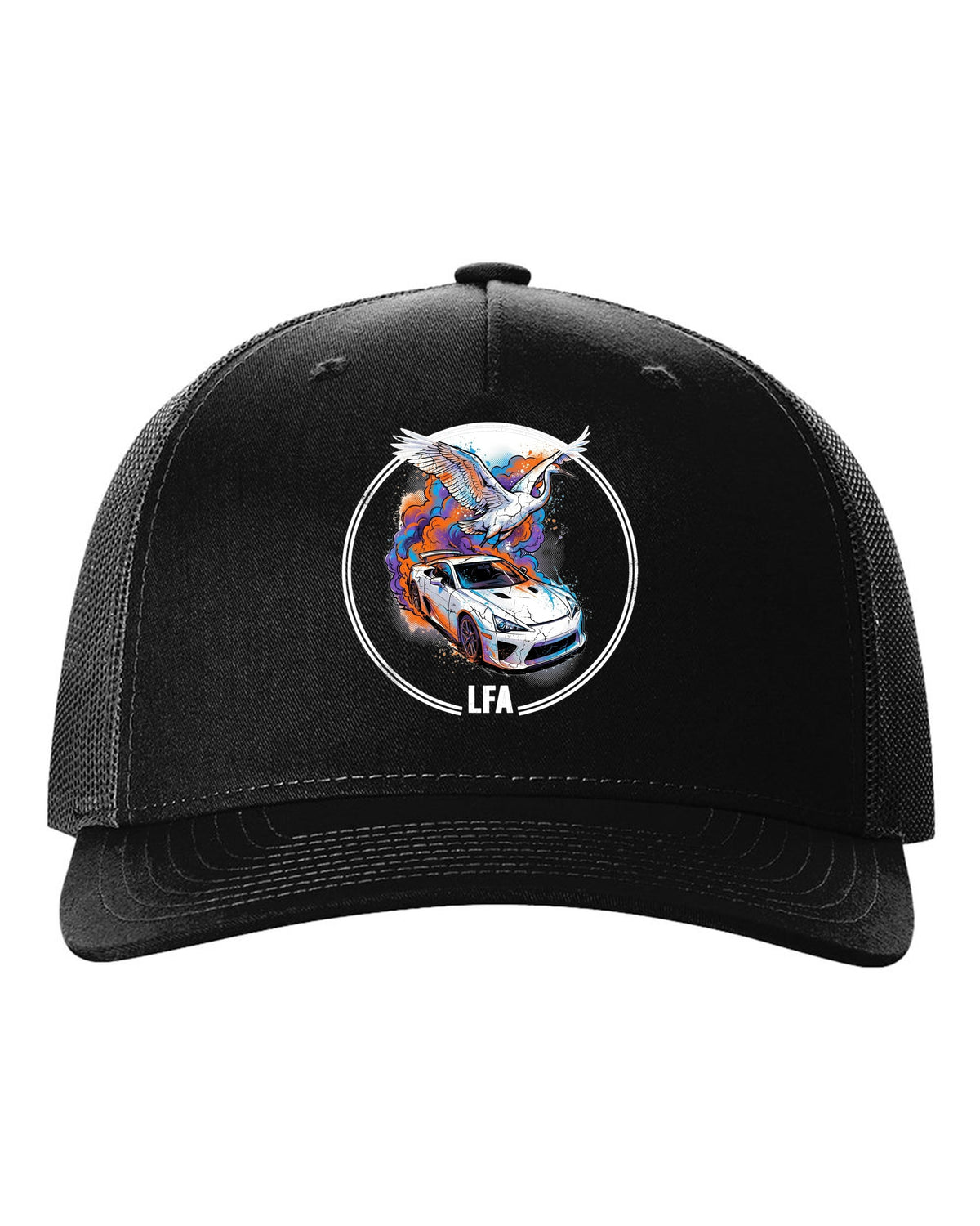 Lexus LFA Crane black trucker hat front view with the design