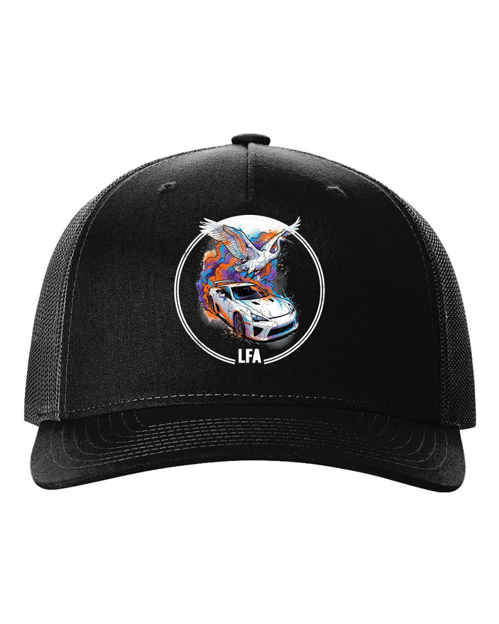 Lexus LFA Crane black trucker hat front view with the design
