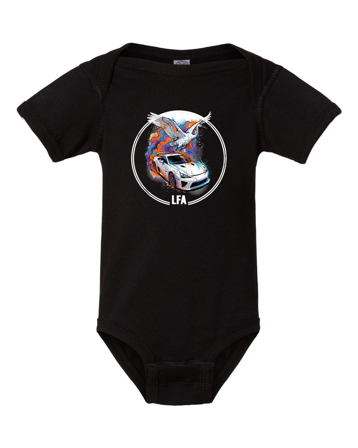 Lexus LFA Crane black baby onesie front view with the design