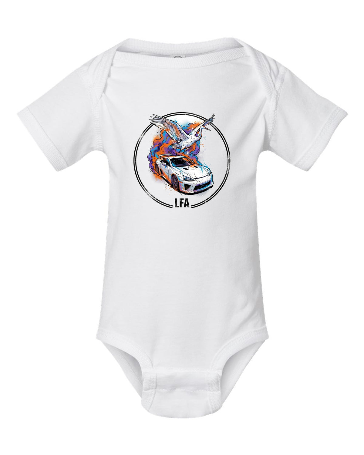 Lexus LFA Crane white baby onesie front view with the design