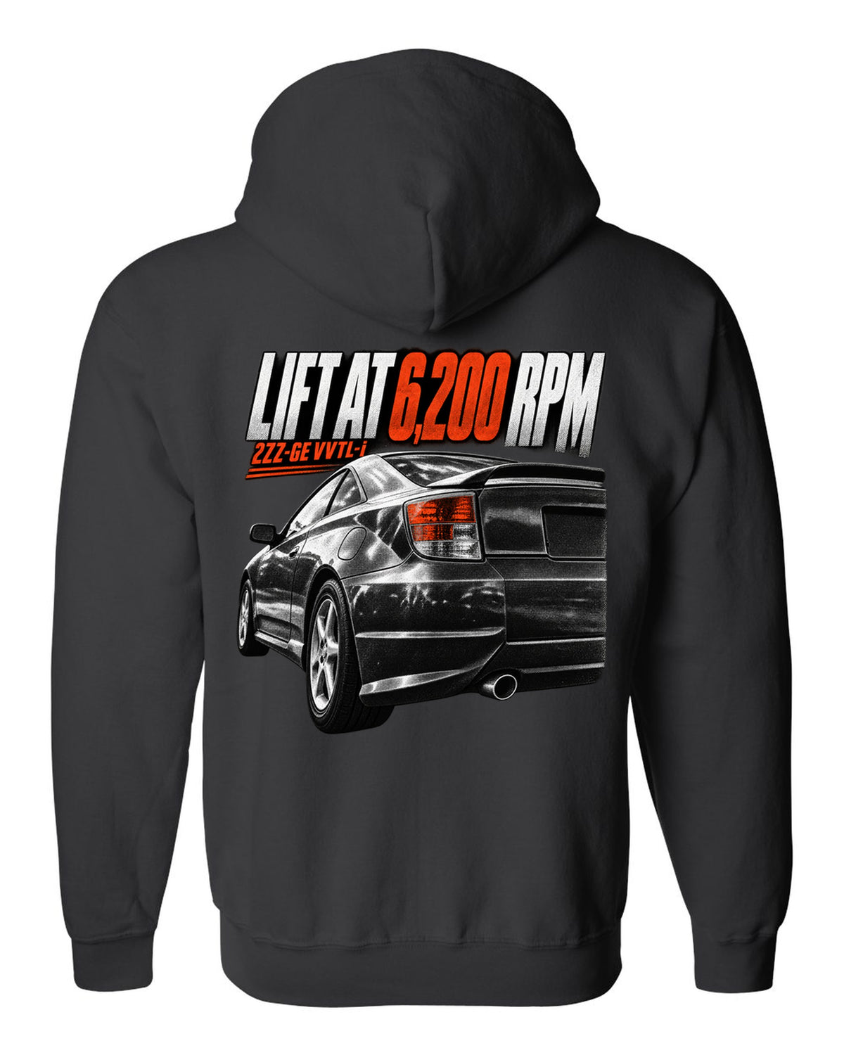 Taillight macro print of a Toyota Celica T230 ZZT231 with Lift At 6,200 RPM and 2ZZ-GE VVTL-i text black zip hoodie back view with the design