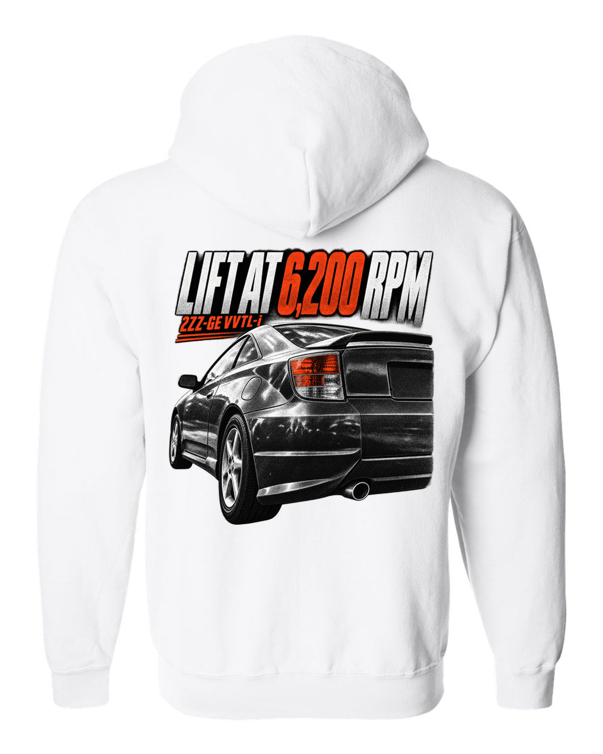 Taillight macro print of a Toyota Celica T230 ZZT231 with Lift At 6,200 RPM and 2ZZ-GE VVTL-i text white zip hoodie back view with the design