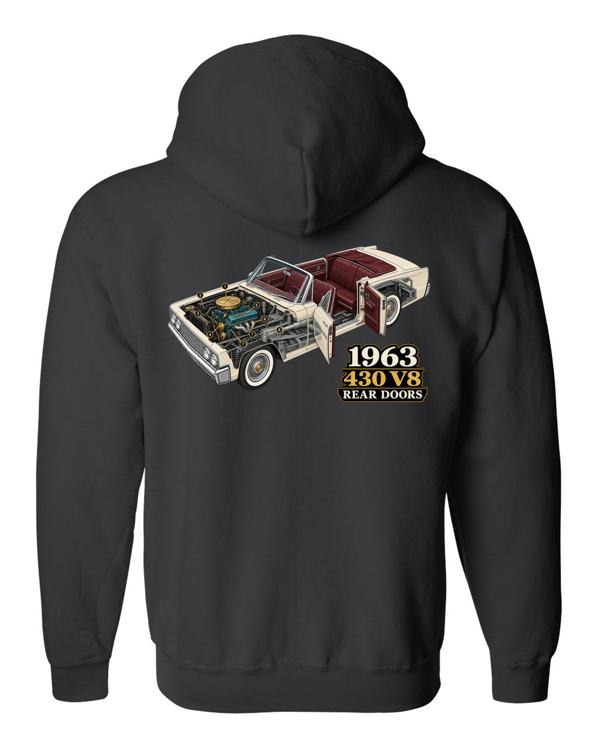 1963 Lincoln Continental four-door convertible isometric cutaway diagram black zip hoodie back view with the design