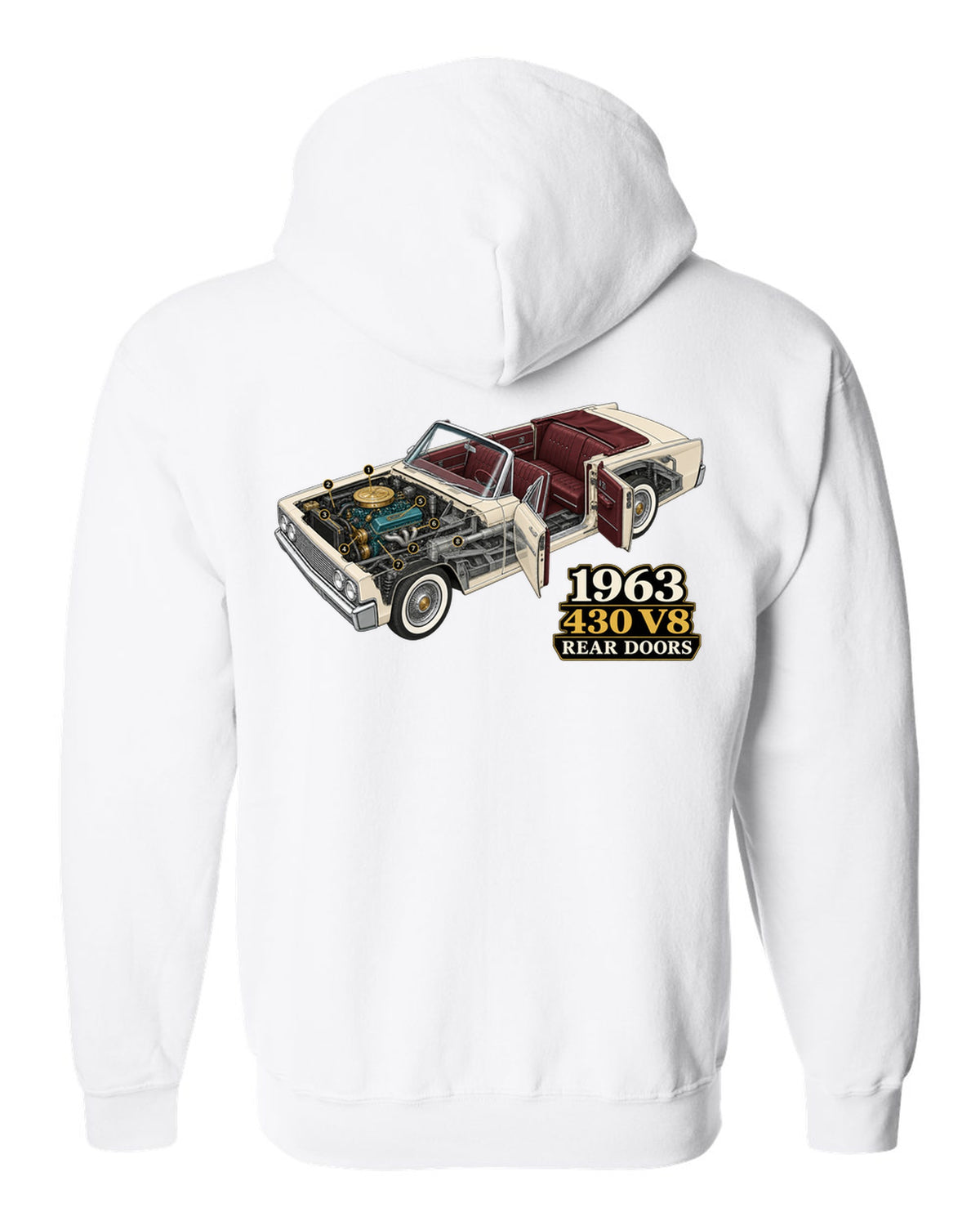 1963 Lincoln Continental four-door convertible isometric cutaway diagram white zip hoodie back view with the design