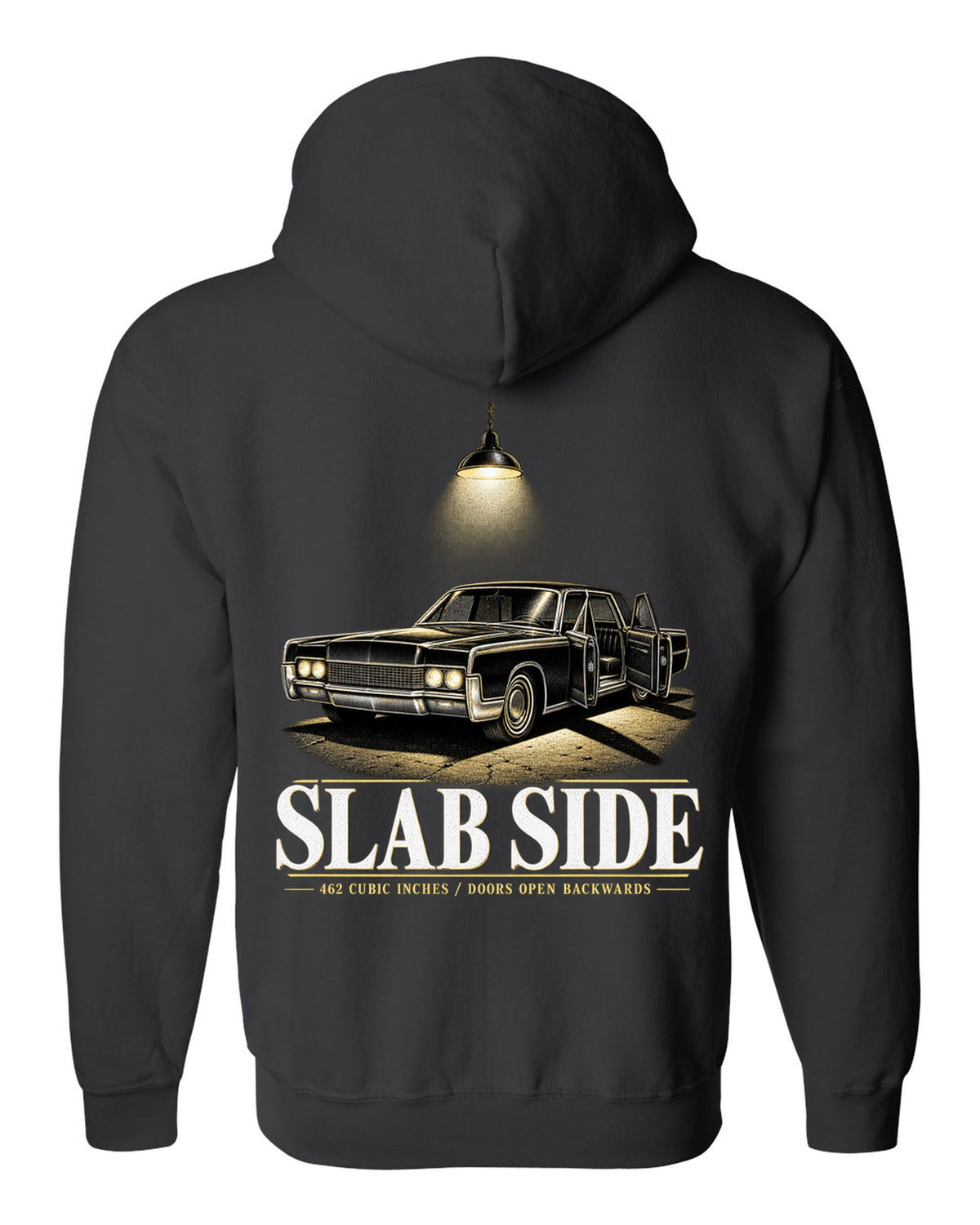 print of a 1966 Lincoln Continental fourth generation parked in a night garage black zip hoodie back view with the design