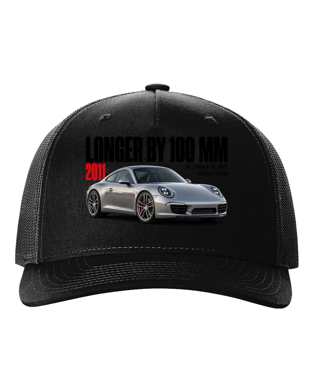Editorial headline print of a Porsche 911 Carrera S 991.1 with longer-by-100-mm caption black hat front view with the design