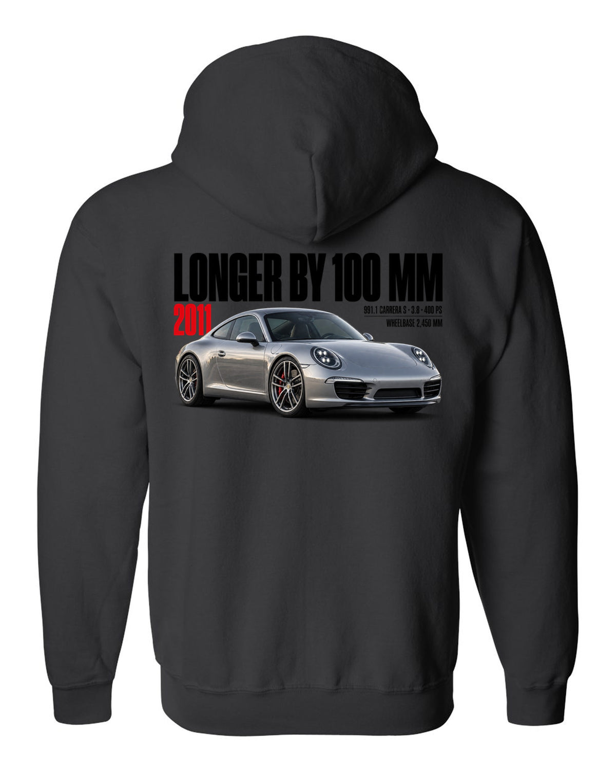 Editorial headline print of a Porsche 911 Carrera S 991.1 with longer-by-100-mm caption black zip hoodie back view with the design