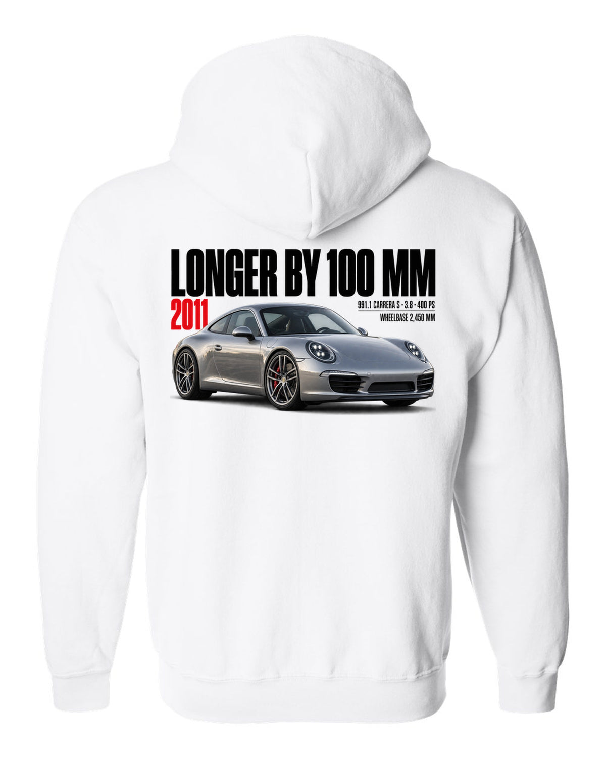 Editorial headline print of a Porsche 911 Carrera S 991.1 with longer-by-100-mm caption white zip hoodie back view with the design
