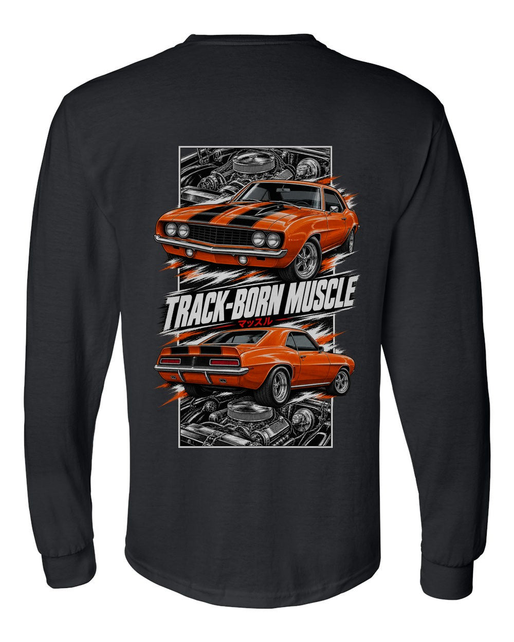 Chevy Camaro Z/28 torn poster black long sleeve back view with the design