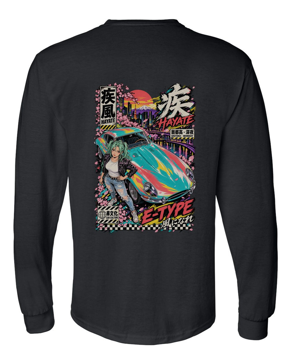 HAYATE E-TYPE full-back artwork black long sleeve back view with the design