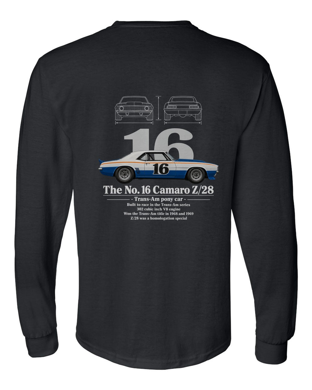 No. 16 Camaro Z/28 black long sleeve back view with the design
