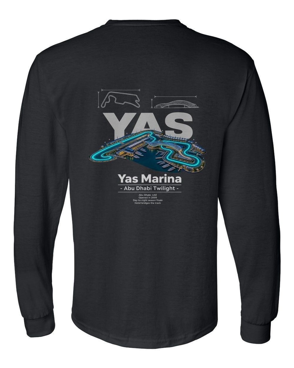 Yas Marina black long sleeve back view with the design