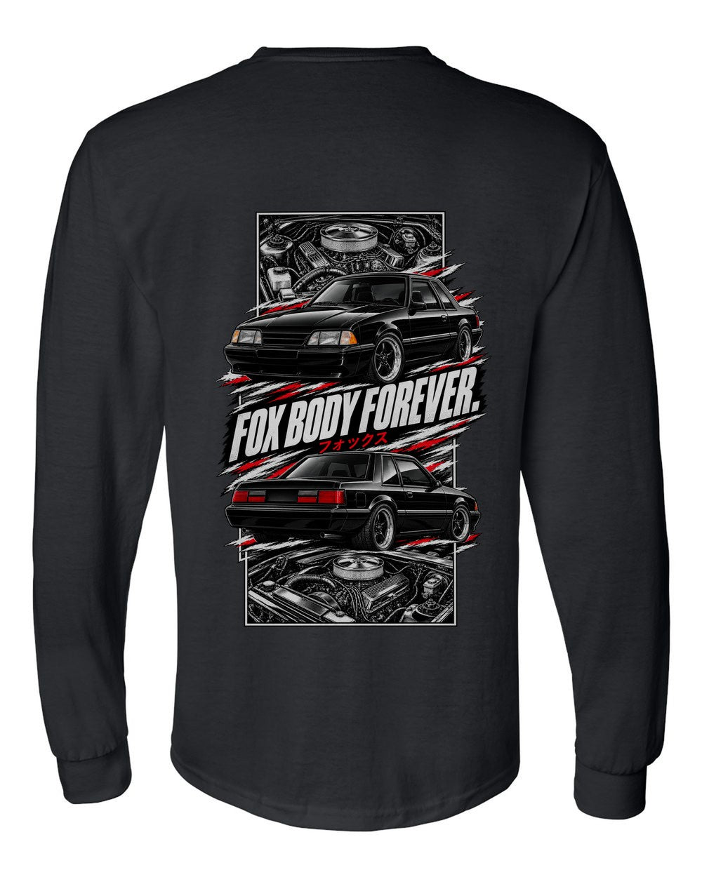 Ford Mustang Fox Body torn poster black long sleeve back view with the design